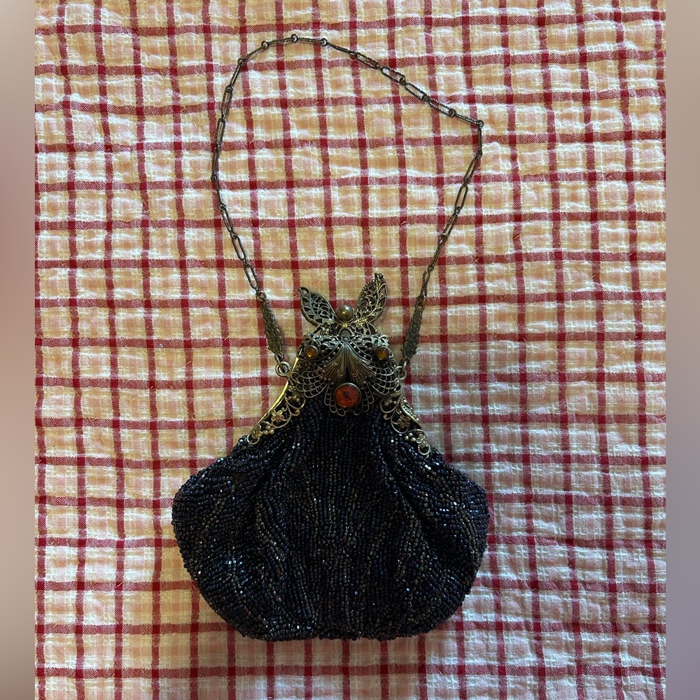 Vintage Beaded Evening Bag with Ornate Metal Frame